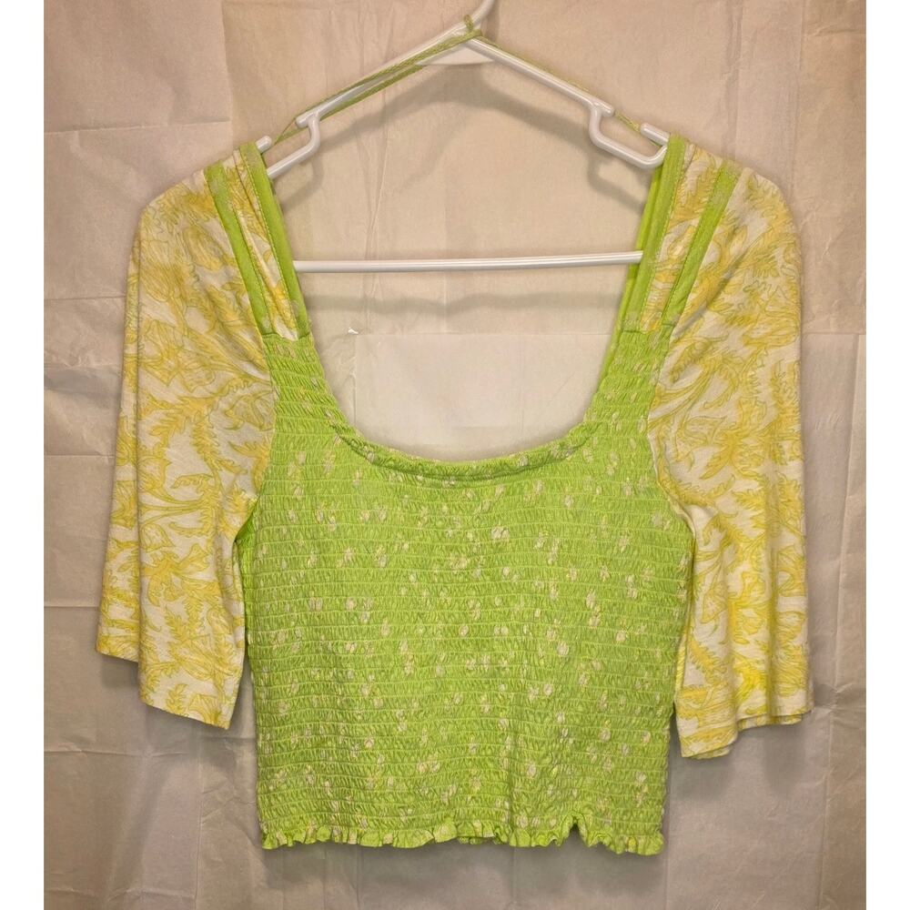 NWT Free People FP Smocked Key Lime Floral Crop Top - Picture 2 of 7